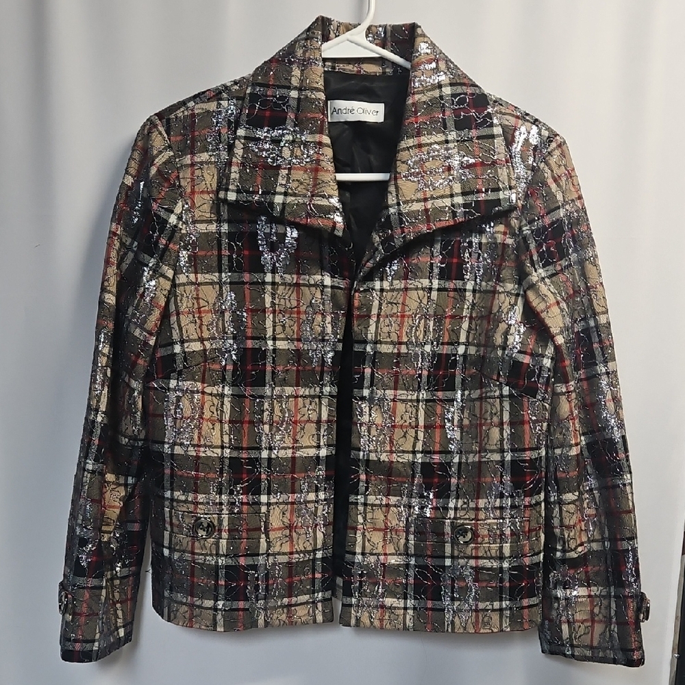 Andre Oliver Plaid Metallic Lace Jacket